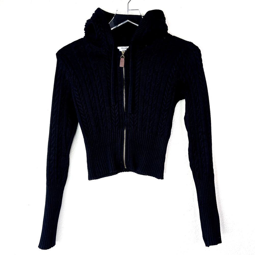 Frankies Bikinis Cable Knit Cardigan Sweater Jacket Full Zip Up Hoodie Black Xs